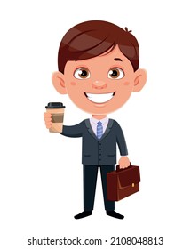 Handsome business man cartoon character. Funny businessman holding a cup of coffee