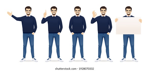 Handsome business man in casual clothes standing in different poses set isolated vector illustration