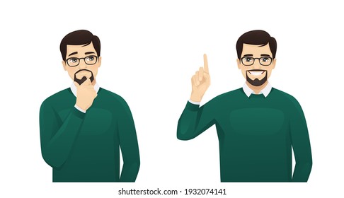 Handsome business man in casual clothes thinking looking away and making idea pointing up isolated on white background vector illustration