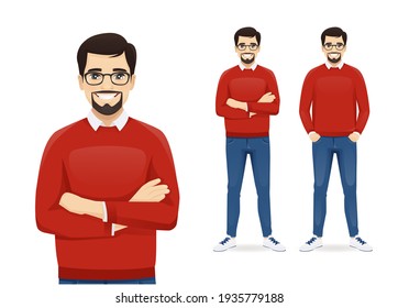 Handsome business man in casual clothes standing with arms crossed isolated vector illustration