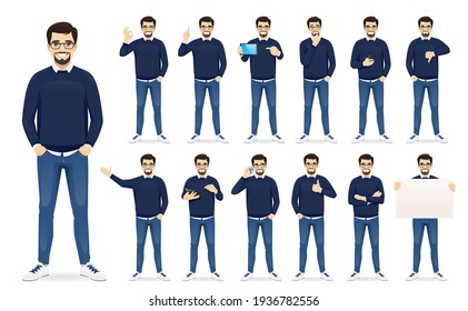 Handsome business man in casual clothes standing in different poses set isolated vector illustration - Shutterstock ID 1936782556