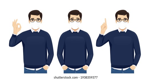 Handsome business man in casual clothes wearing medical mask as protection against transmissible infectious diseases and air pollution. Isolated vector illustration