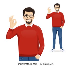 Handsome business man in casual clothes gesturing ok sign isolated vector illustration