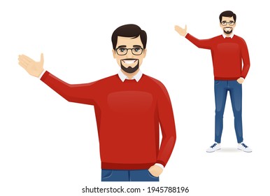 Handsome business man in casual clothes presenting something isolated vector illustration