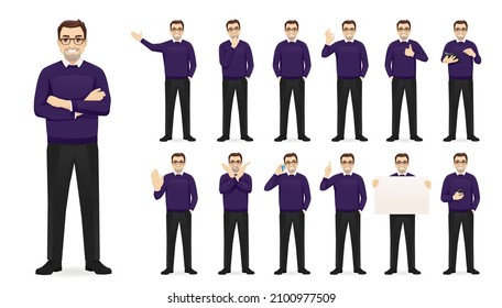 Handsome business man in casual clothes standing in different poses set isolated vector illustration