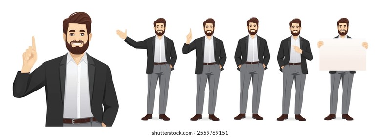 Handsome business man in casual clothes with different gestures. Isolated vector illustration set