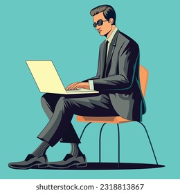 A Handsome Business Man Character Working on Laptop By Sitting On Chair at Turquoise Background.