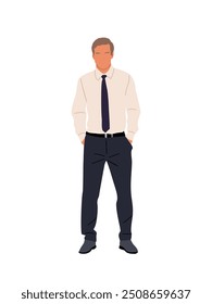 Handsome business man in formal attire, white shirt, standing full length, his arms in the pockets. Cartoon male character in confident pose. Vector flat illustration on isolated on white background