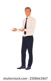 Handsome business man in formal attire, white shirt and tie, standing full length gesturing with his arms. Cartoon male character Vector flat illustration isolated on white background