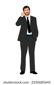 Handsome business man in formal suit standing, talking by phone. Vector flat illustration isolated on white background.