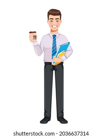 Handsome business man having a coffee break. Young businessman cartoon character
