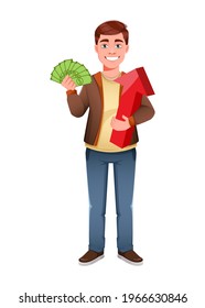 Handsome business man holding money and red arrow. Young businessman cartoon character in flat style. Stock vector illustration