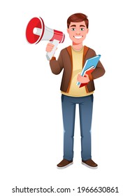 Handsome business man making announcement. Young businessman cartoon character in flat style. Stock vector illustration