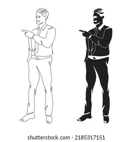 handsome business man professional indicating fingers line art drawing style, the man stand sketch black linear isolated on white background, the best man vector illustration