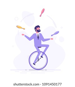 Handsome business man is riding on unicycle and juggling different tasks. Multitasking concept. Flat vector illustration.