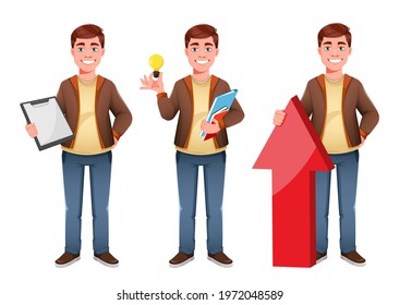 Handsome business man, set of three poses. Young businessman cartoon character in flat style. Stock vector illustration