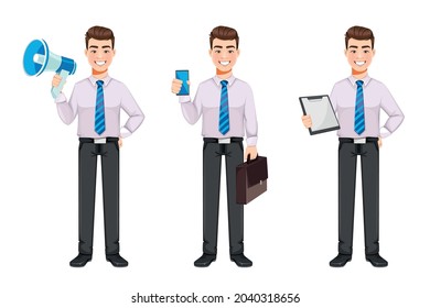 Handsome business man, set of three poses. Young businessman cartoon character