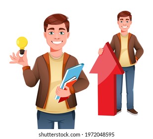 Handsome business man, set of two poses. Young businessman cartoon character in flat style. Stock vector illustration