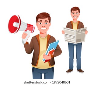 Handsome business man, set of two poses. Young businessman cartoon character in flat style. Stock vector illustration on white background