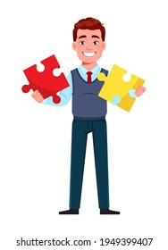Un hombre de negocios guapo resolviendo el problema. Joven personaje de caricatura de hombre de negocios de estilo plano. Ilustración vectorial de acciones