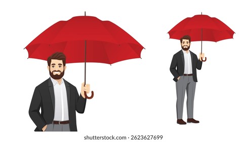 Handsome business man standing under umbrella. Isolated vector illustration