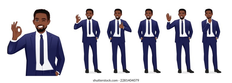 Handsome business man in suit different poses set. Various gestures - greeting, showing ok sign, thumbs up isolated vector illustration