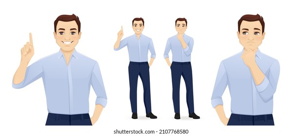 Handsome business young man in blue shirt thinking looking away and making idea pointing up isolated on white background vector illustration