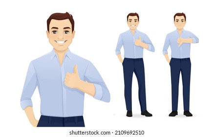 Hombres jóvenes de negocios de camisa azul gestando pulgar hacia arriba y abajo ilustración vectorial aislada