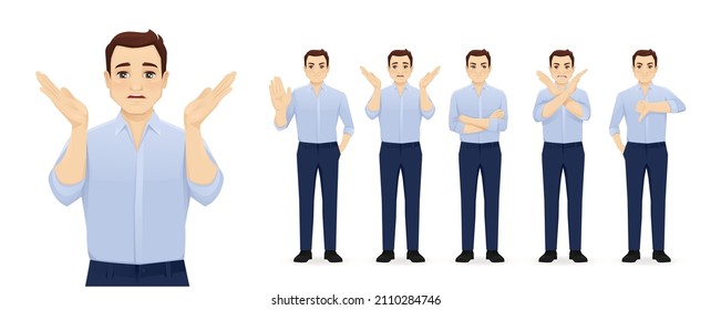 Handsome business young man in blue shirt showing negative emotions with different gestures set. Upset, dislike, angry, refused isolated vector ilustration