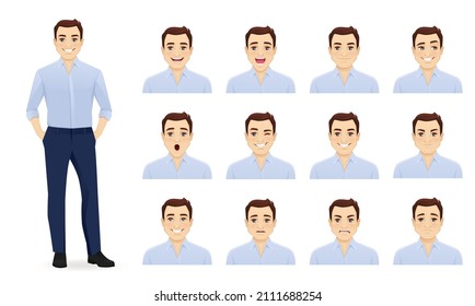 Handsome business young man in blue shirt with different facial expressions set vector illustration isolated