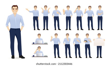 Handsome business young man in blue shirt. Different poses set. Various gestures male character standing and sitting at the desk isolated vector illustration - Shutterstock ID 2112303446