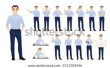 Handsome business young man in blue shirt. Different poses set. Various gestures male character standing and sitting at the desk isolated vector illustration