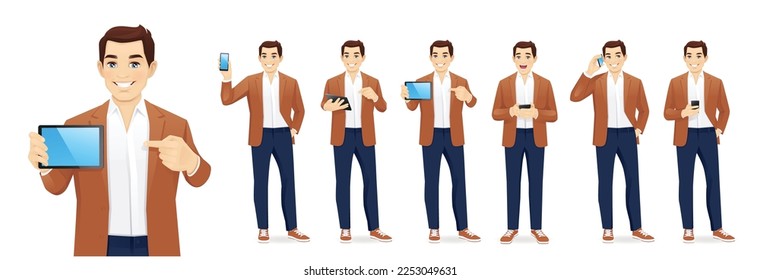 Handsome business young man in casual clothes with gadgets phone and tablet set isolated vector illustration