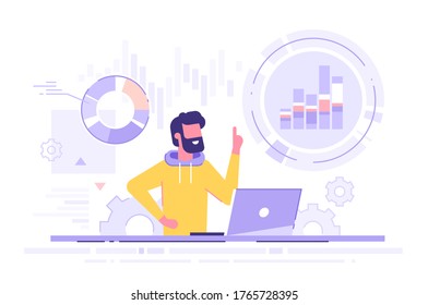 Un hombre de negocios guapo analizando los datos de su laptop y sosteniendo su dedo índice. Concepto de ciencia de datos. Gráficos y diagramas empresariales. Ilustración vectorial moderna.