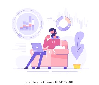 Handsome businessman analyzing data on his laptop in home interior. Data science concept. Business charts and diagrams. Remore work and freelance. Quarantine. Modern vector illustration.