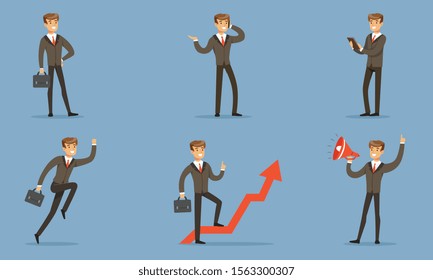 Handsome Businessman In Business Suit With Tie In Different Poses Vector Illustration Set Isolated On Blue Background