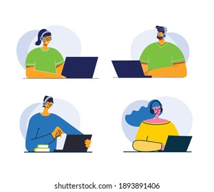 Handsome businessman and businesswoman and man with the inscription contact us. Cartoon character. Stock vector illustration in flat design.