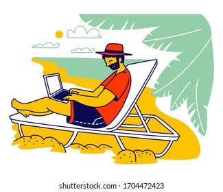 Handsome Businessman Character in Summer Wear Sitting on Daybed under Palm Trees on Exotic Tropical Beach Working on Laptop. Freelancer or Distant Employee, Summer Vacation. Linear Vector Illustration