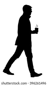 Handsome Businessman With Coffee Going To Work Vector Silhouette Illustration Isolated On White Background. Coffee To Go. Boy With Hot Drink In Hands. Worming In Cold Day. Man Walking With Drink.