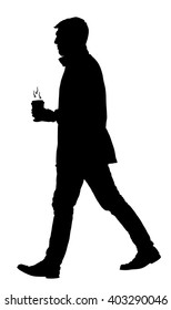 Handsome businessman with coffee in hand going to work vector silhouette illustration isolated on white. Coffee cup to go. Boy with hot drink in hand. Worming in cold day. Man walking with drink.