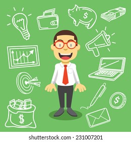 Handsome businessman. Creative vector flat illustration. Cute mascot concept. Isolated on background with business items,things,equipment icons,pictograms,symbols. Trendy style graphic design elements