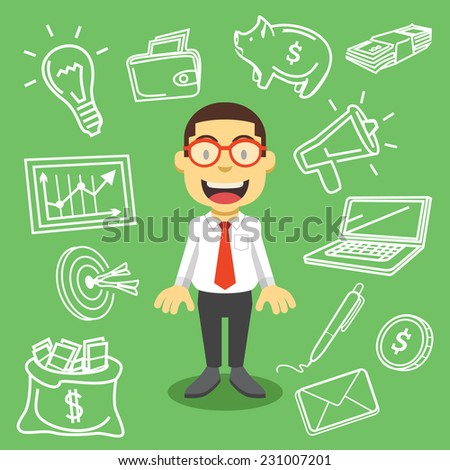 Handsome businessman. Creative vector flat illustration. Cute mascot concept. Isolated on background with business items,things,equipment icons,pictograms,symbols. Trendy style graphic design elements