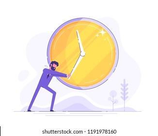 Handsome businessman in formal suit with beard is trying to stop time. Deadline and time management concept. Modern flat vector illustration.