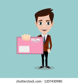 Handsome businessman in formal suit holding an envelope with a letter. Stock flat vector illustration.