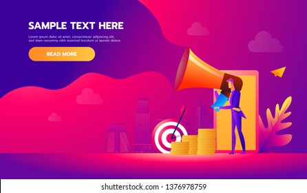 Handsome businessman in formal suit holding megaphone and shouting in it. Happy manager with bullhorn. Business concept. Vector design illustration.