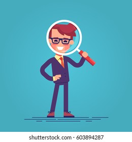 Handsome businessman in formal suit looking through a magnifying glass. Business concept for recruiting and researches. Funny cartoon character - manager with loupe. Vector flat design illustration.