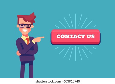 Handsome businessman in formal suit pointing by index finger to the button with the inscription contact us. Cartoon character. Stock vector illustration in flat design.