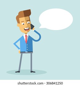 Handsome businessman in formal suit talking on the phone. Successful happy manager talking on cell phone. Vector stock illustration style flat.