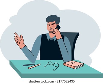 Un buen hombre de negocios con anteojos llamando al cliente. Ilustración moderna y vectorial minimalista