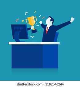 Handsome businessman got a gold award in the online contest from monitor, modern male cartoony character. Eps 10 Vector illustration, horizontal image, Minimalist white blue flat design.